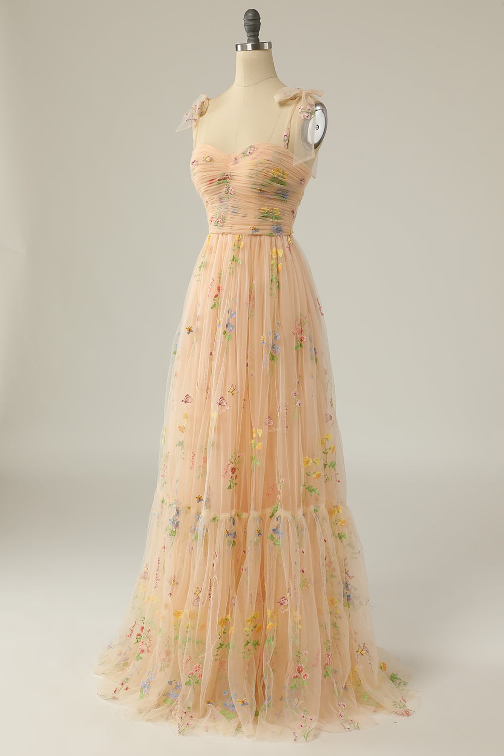Dusty Sage Bow Tie Shoulder Appliques A-line Long Prom Dress