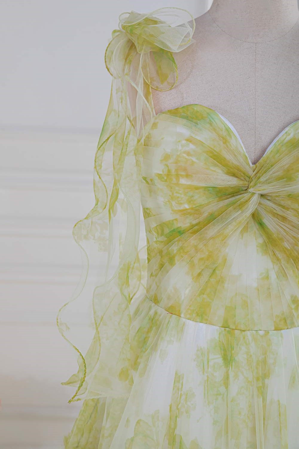 Light Yellow Bow Tie Straps Twisted Knot Ruffled Floral Long Prom Dress