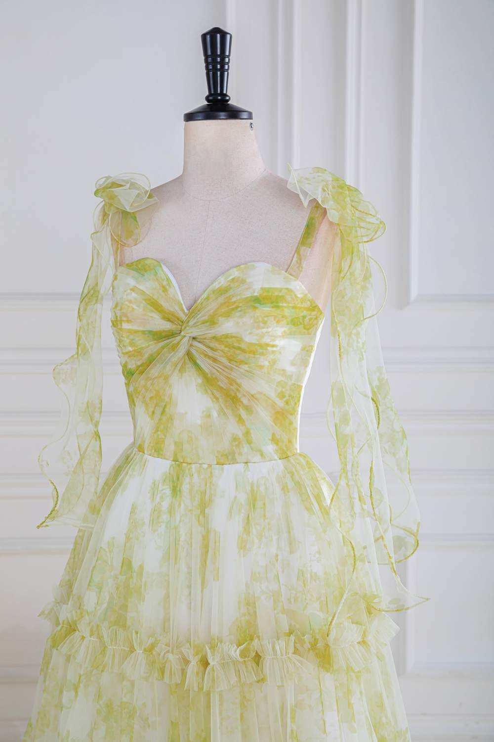 Light Yellow Bow Tie Straps Twisted Knot Ruffled Floral Long Prom Dress