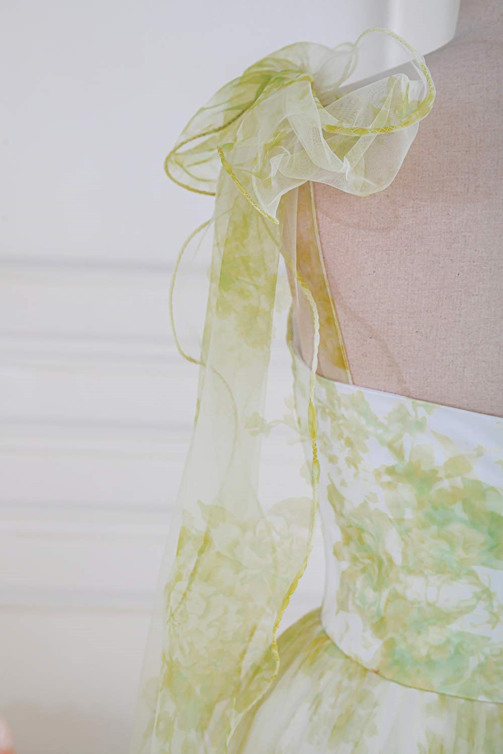 Light Yellow Bow Tie Straps Twisted Knot Ruffled Floral Long Prom Dress