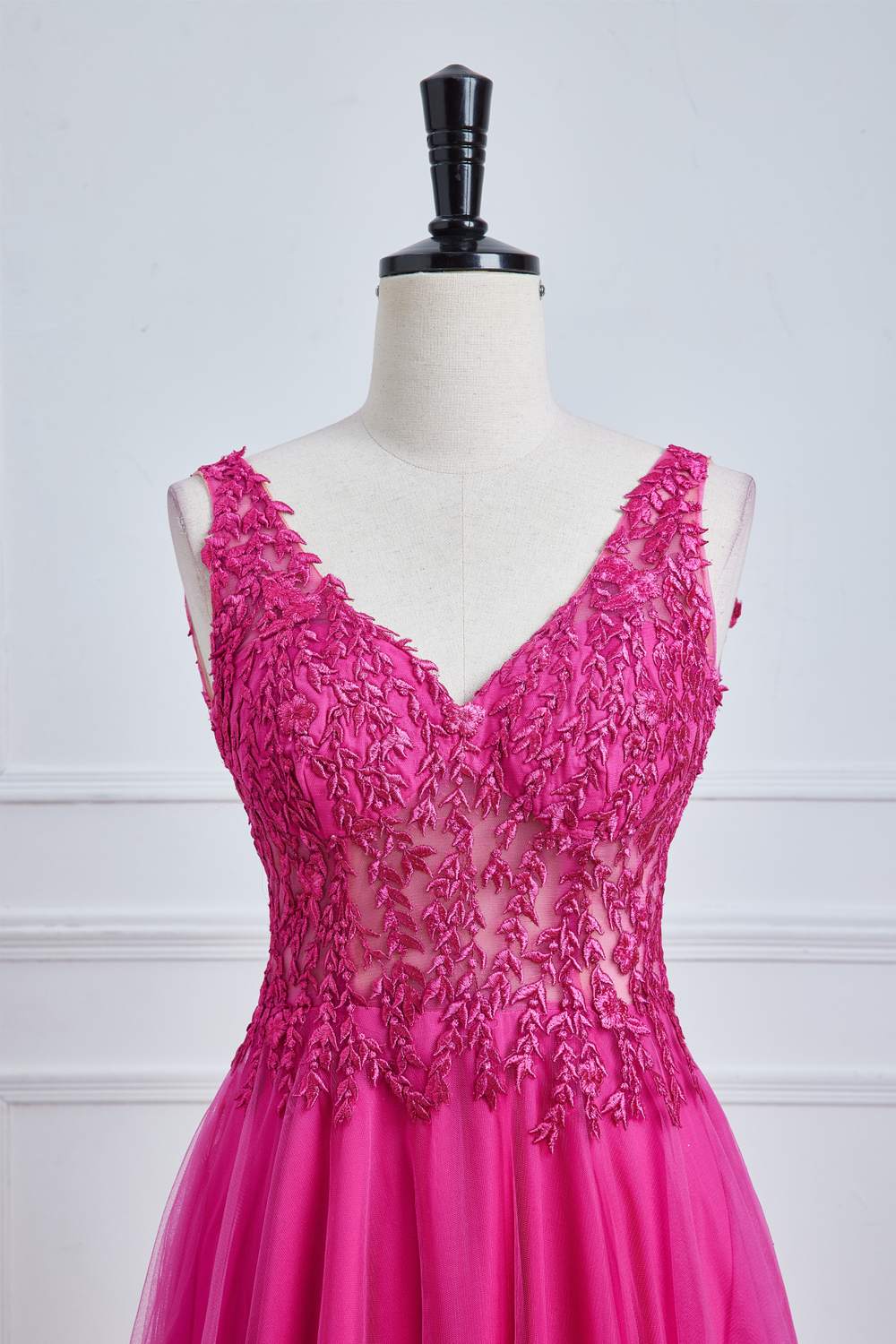 Fuchsia Plunging V Neck Floral A-line Long Prom Dress