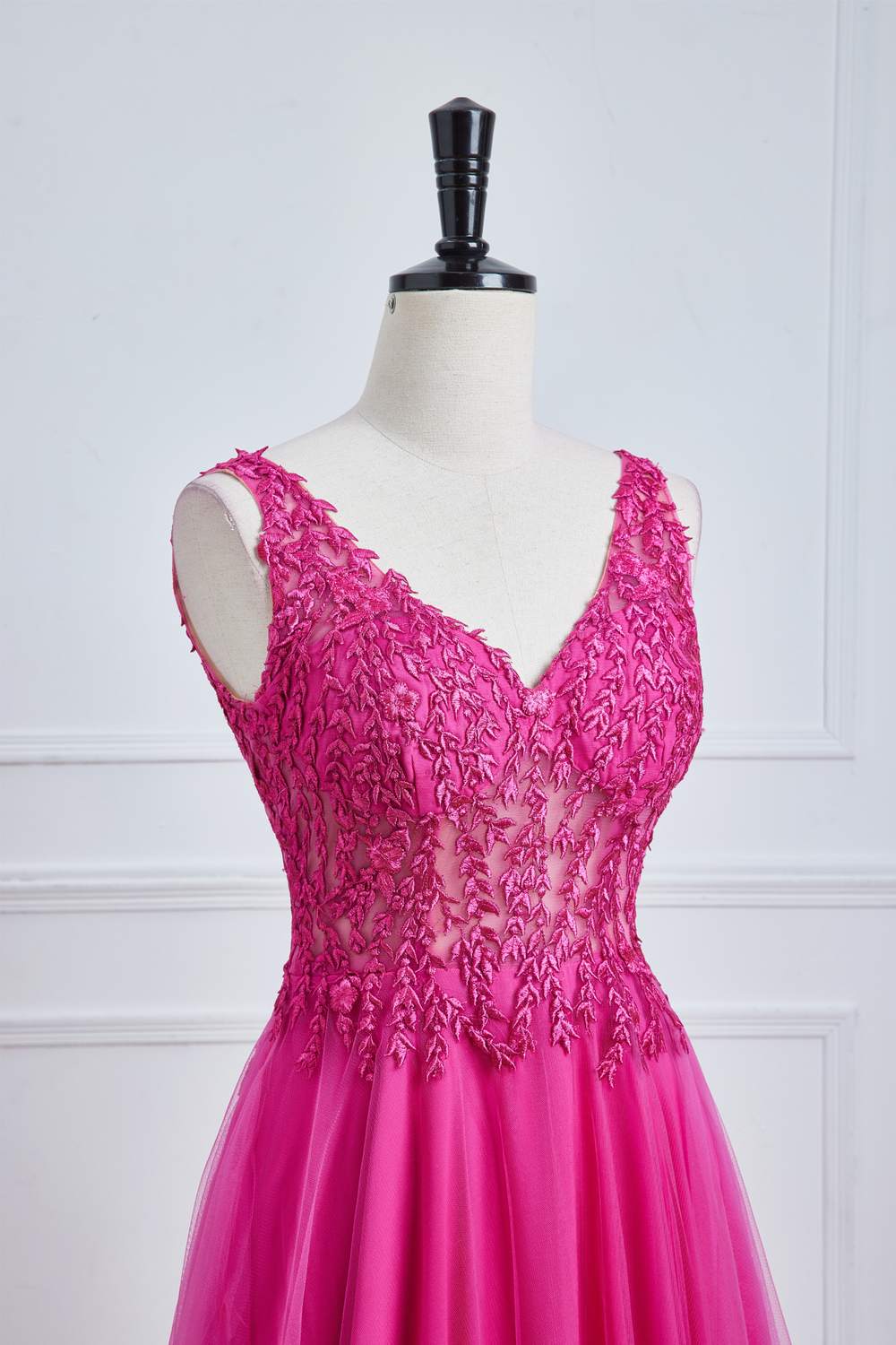 Fuchsia Plunging V Neck Floral A-line Long Prom Dress