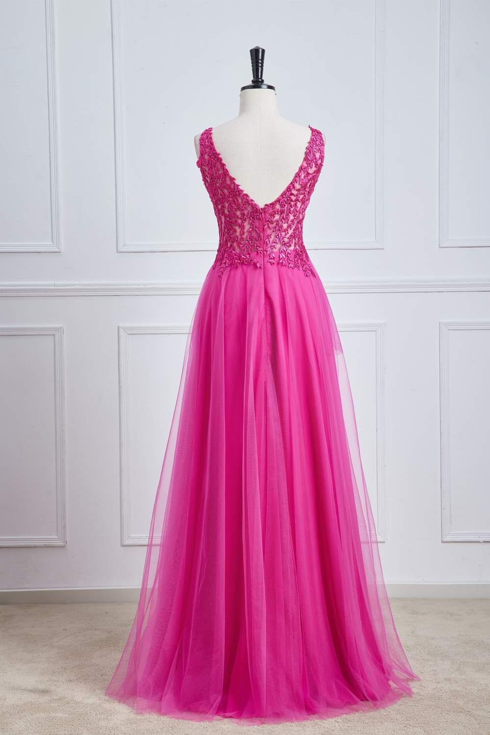 Fuchsia Plunging V Neck Floral A-line Long Prom Dress