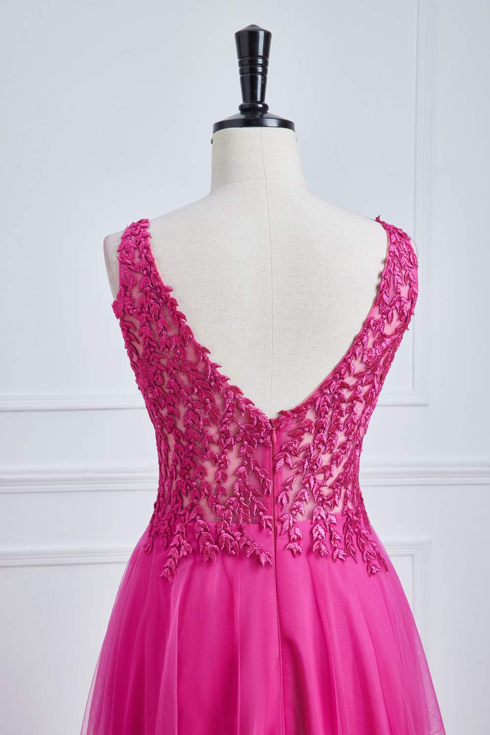 Fuchsia Plunging V Neck Floral A-line Long Prom Dress