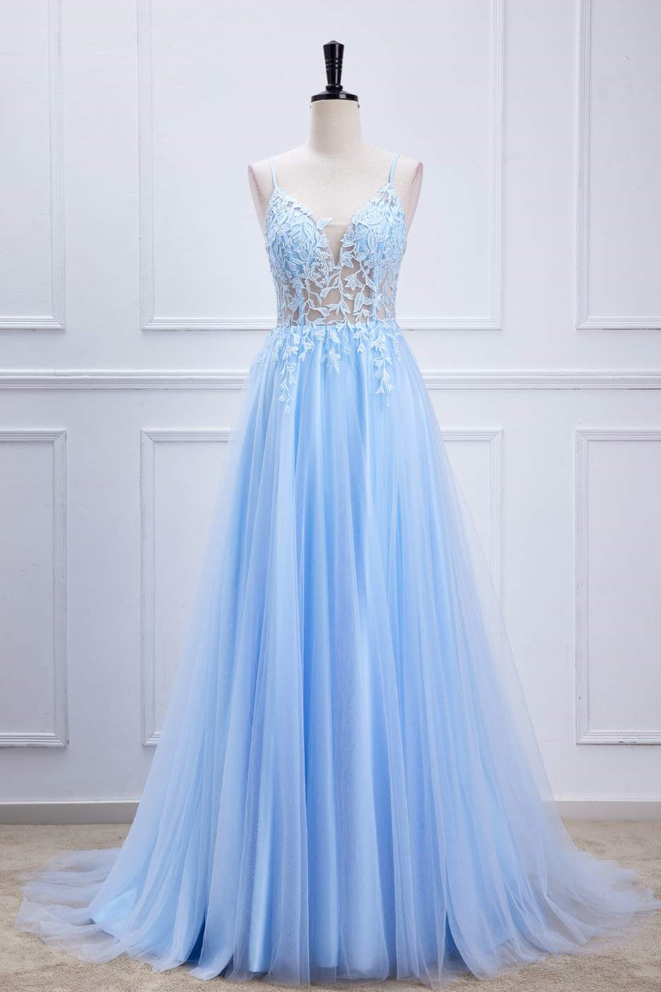 Light Blue Lace-Up Appliques A-line Long Prom Dress