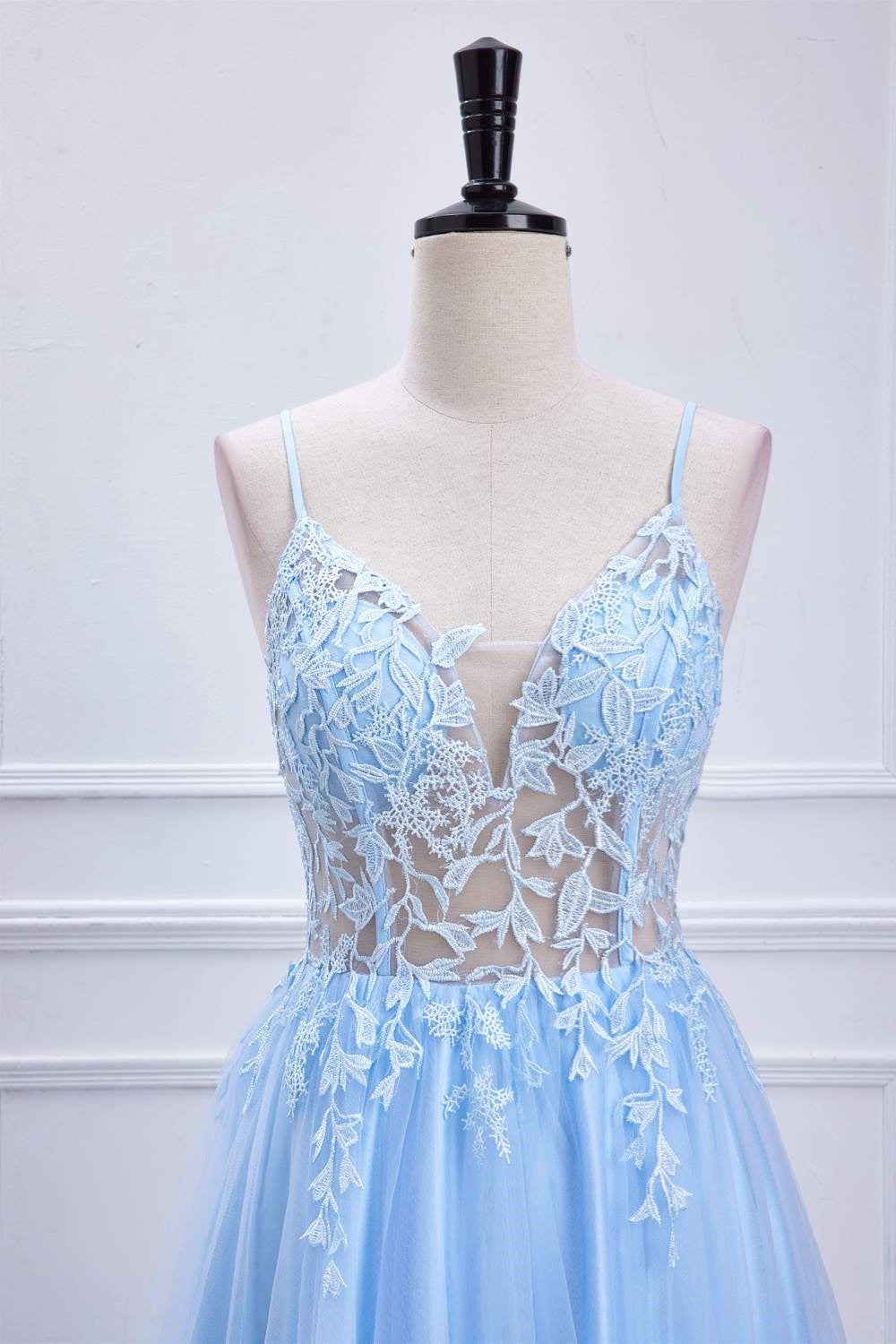 Light Blue Lace-Up Appliques A-line Long Prom Dress