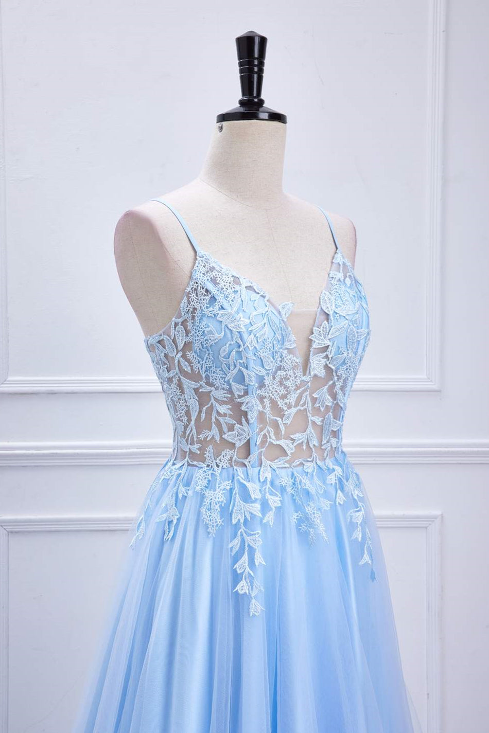 Light Blue Lace-Up Appliques A-line Long Prom Dress