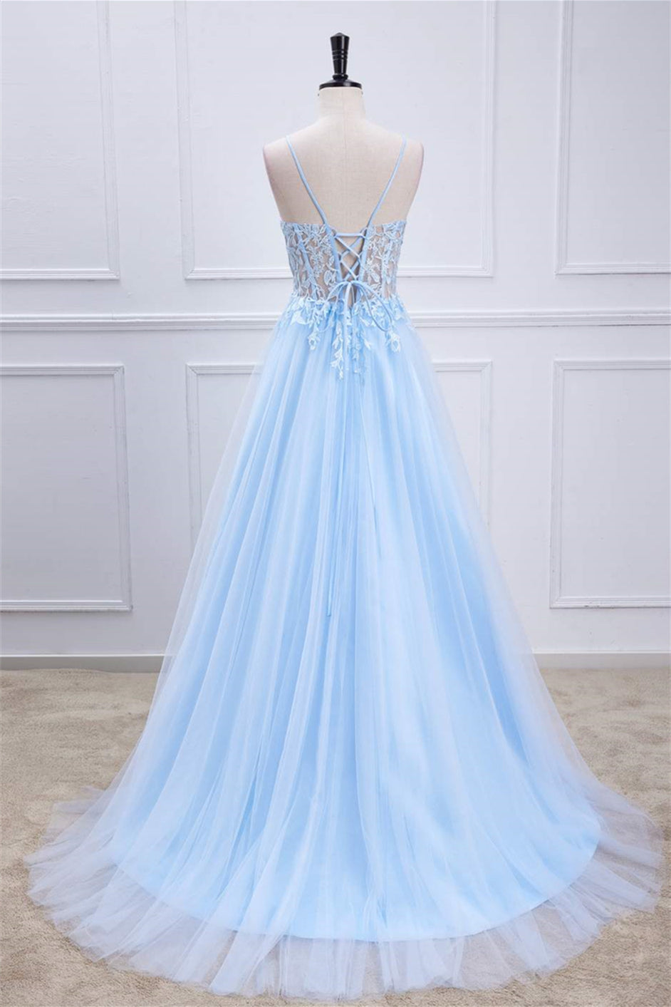 Light Blue Lace-Up Appliques A-line Long Prom Dress