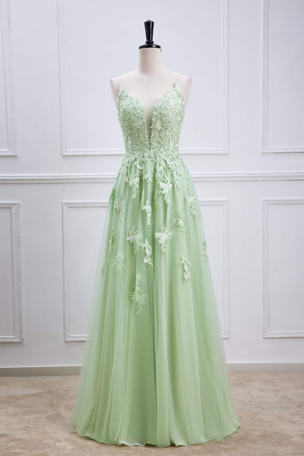 Sage Green Plunging V Neck Lace-Up Appliques Long Prom Dress