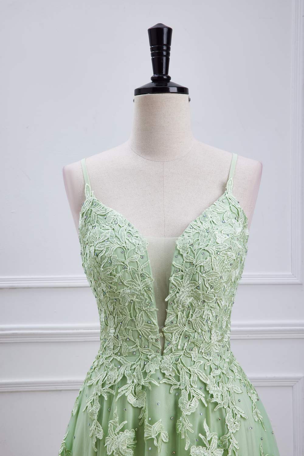 Sage Green Plunging V Neck Lace-Up Appliques Long Prom Dress