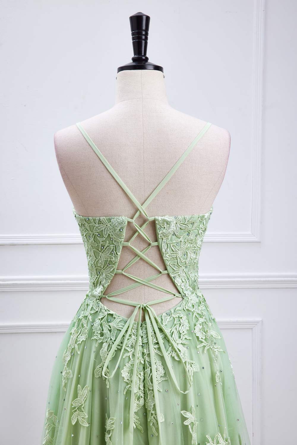 Sage Green Plunging V Neck Lace-Up Appliques Long Prom Dress