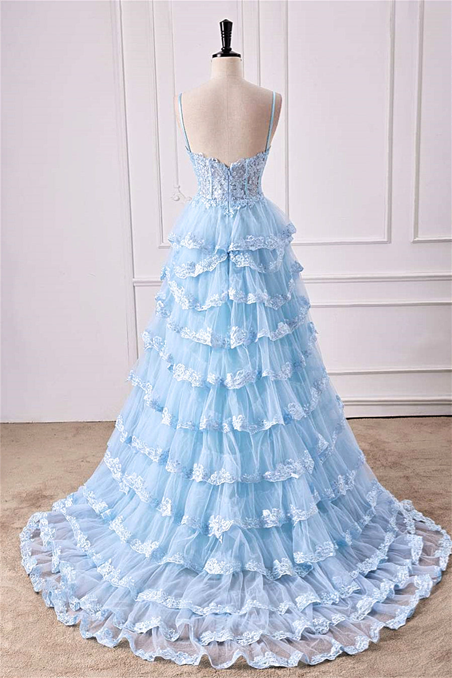 Light Blue Floral Layers Spaghetti Straps Long Prom Dress with Slit