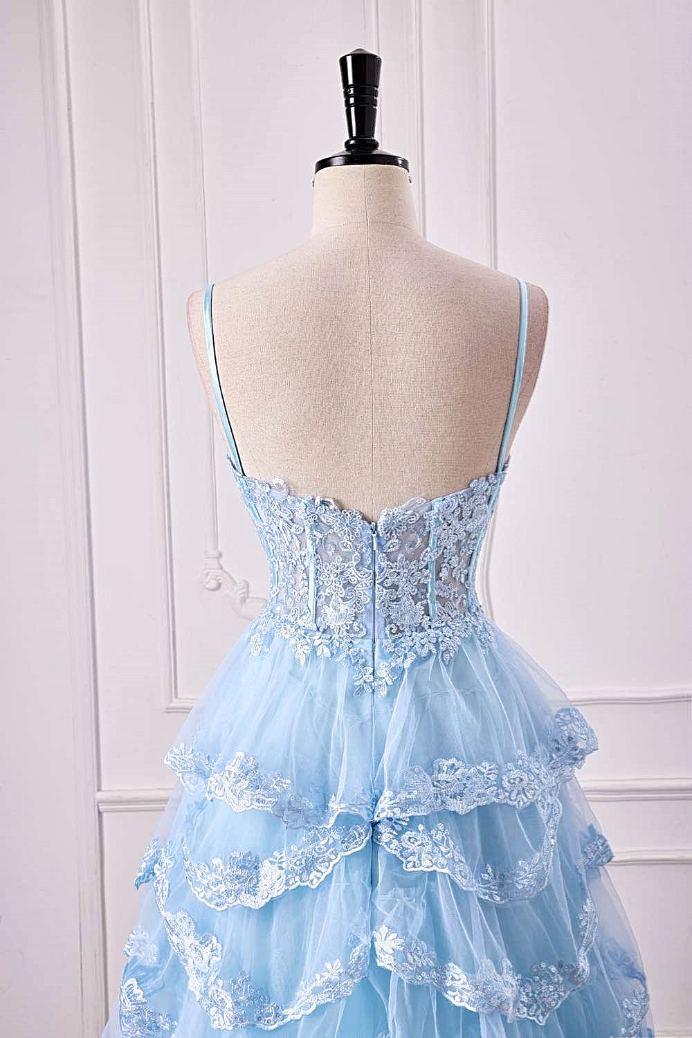 Light Blue Floral Layers Spaghetti Straps Long Prom Dress with Slit