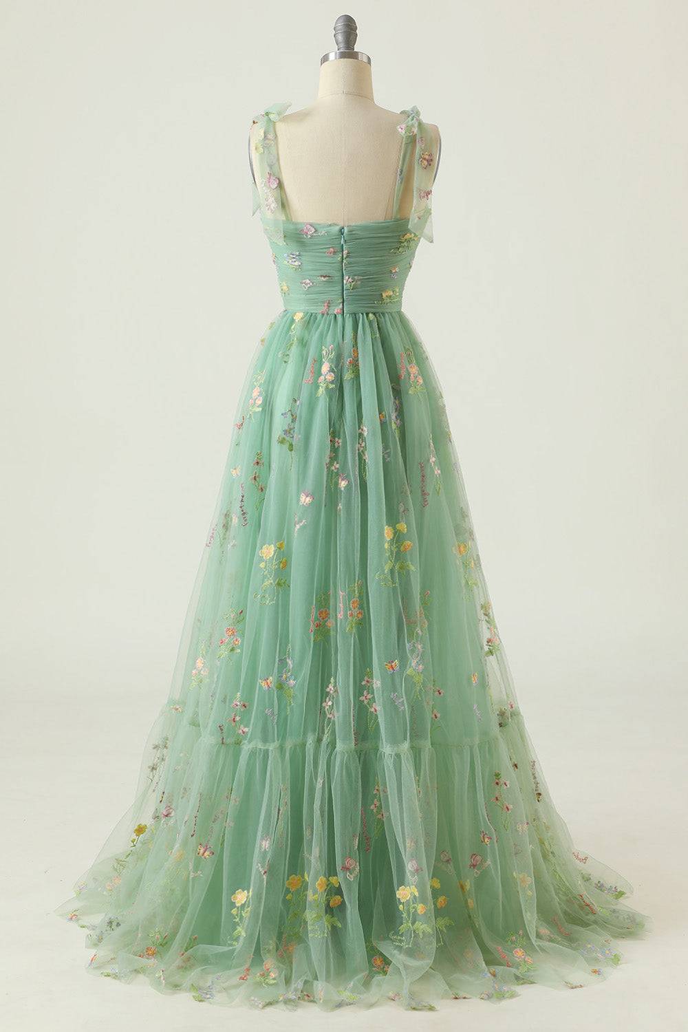 Dusty Sage Bow Tie Shoulder Appliques A-line Long Prom Dress