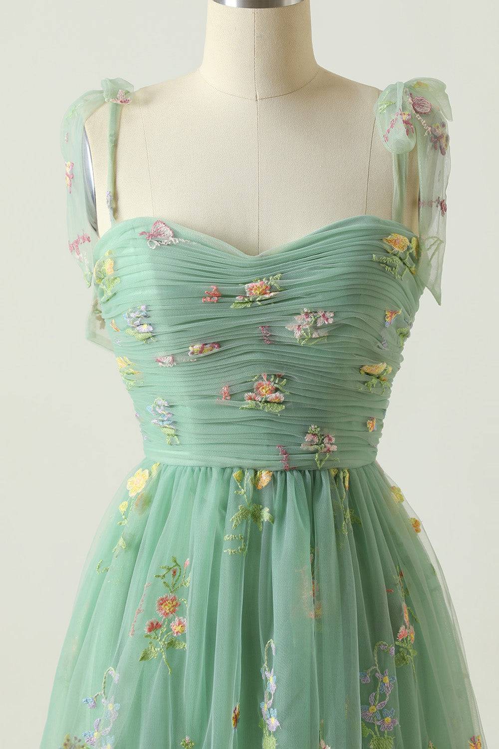 Dusty Sage Bow Tie Shoulder Appliques A-line Long Prom Dress
