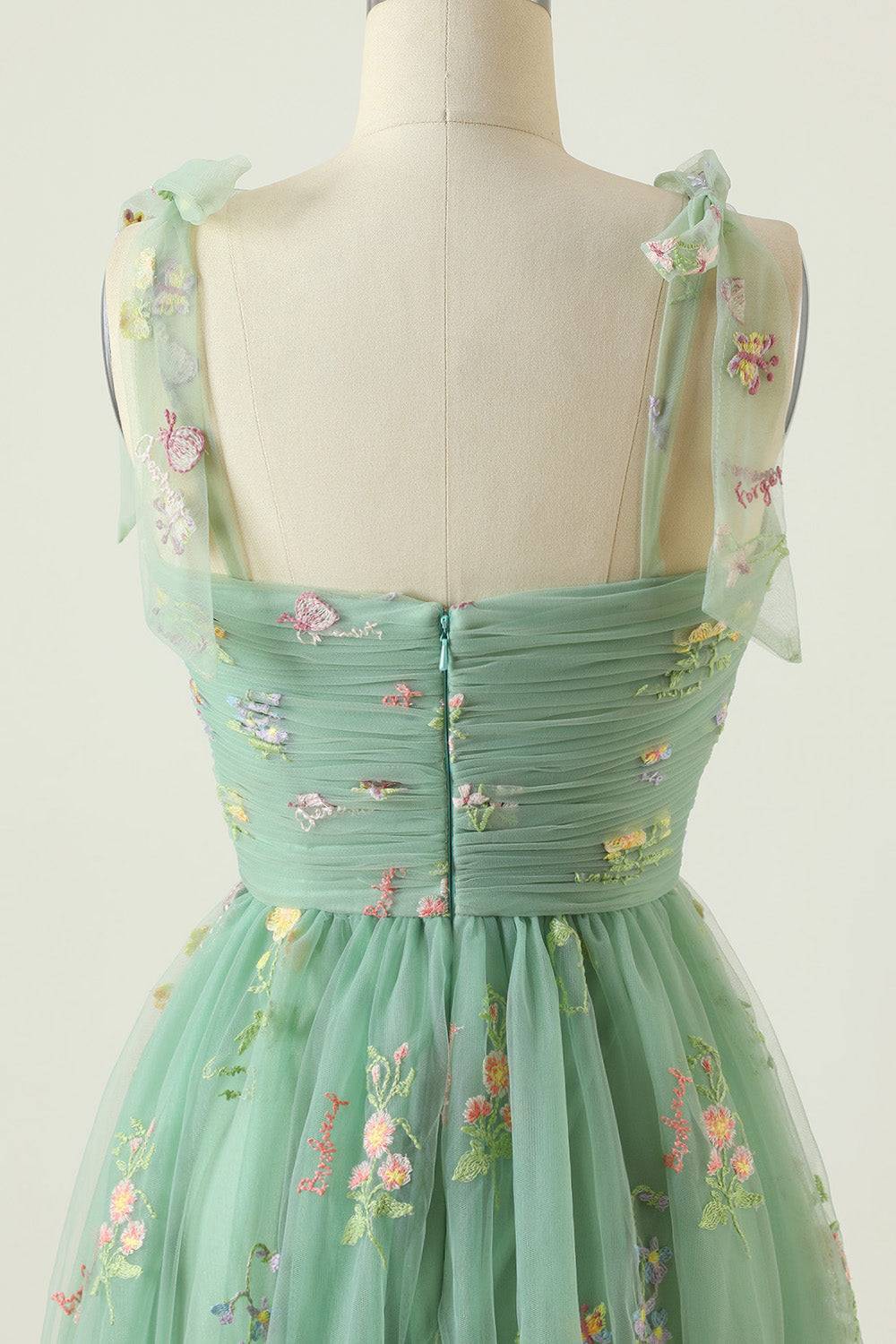 Dusty Sage Bow Tie Shoulder Appliques A-line Long Prom Dress