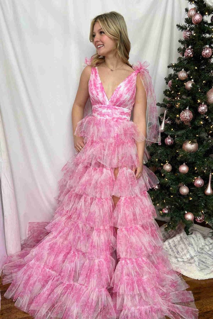 Pink Floral Bow Tie Straps Layers A-line Long Prom Dress with Slit