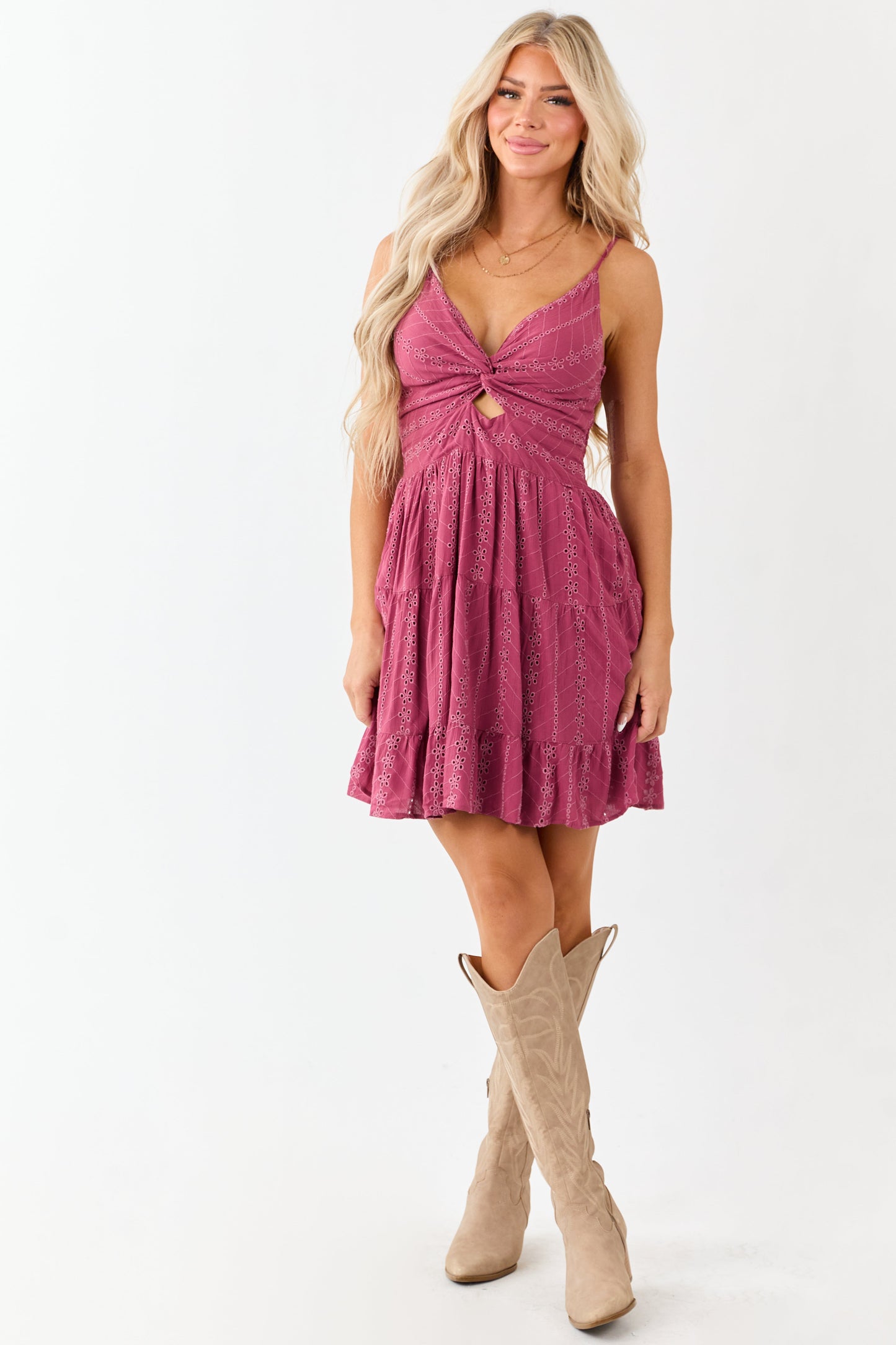 Berry Eyelet Twist Bust Tiered Mini Dress