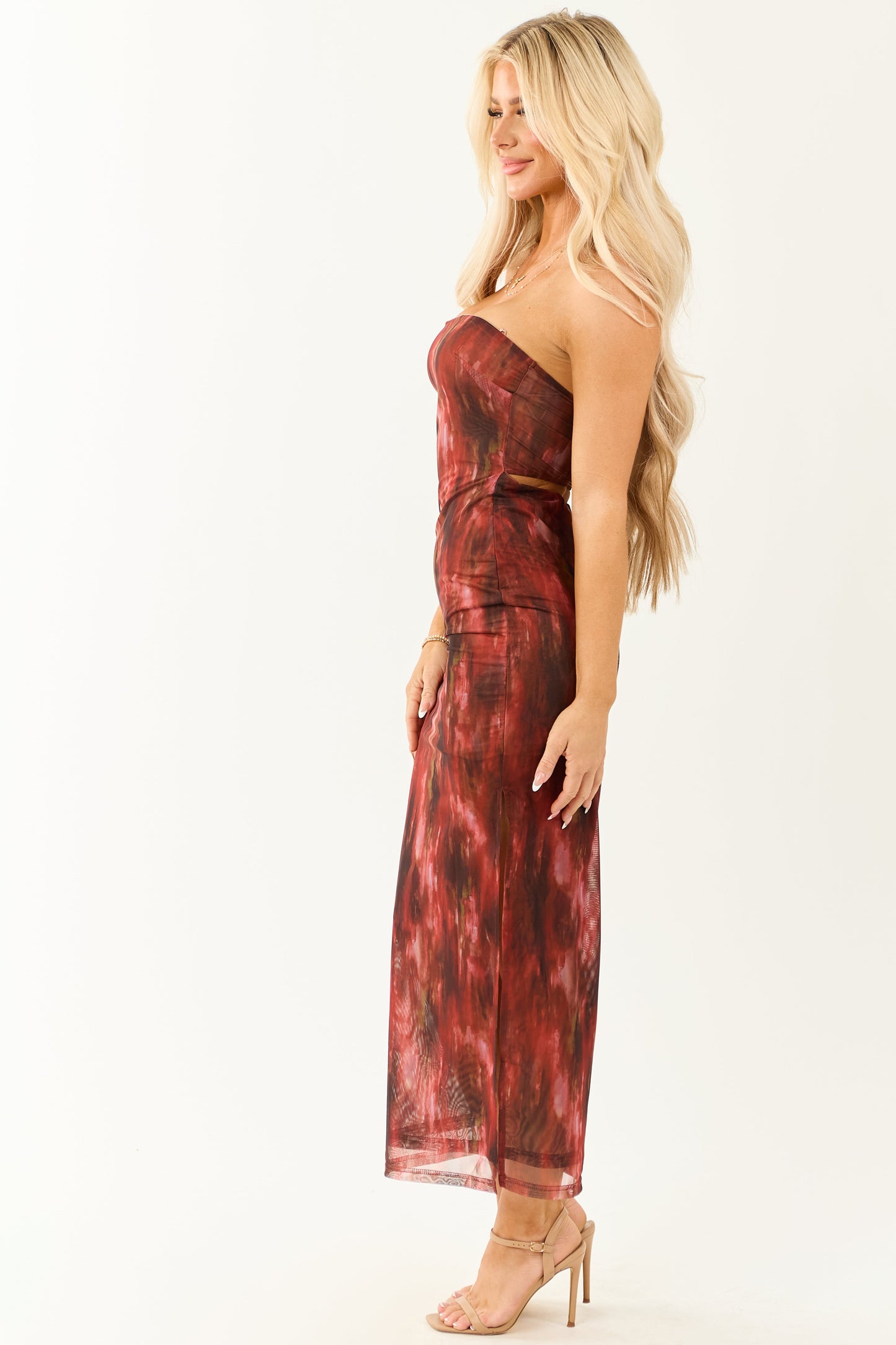 Cherry Abstract Print Mesh Strapless Midi Dress
