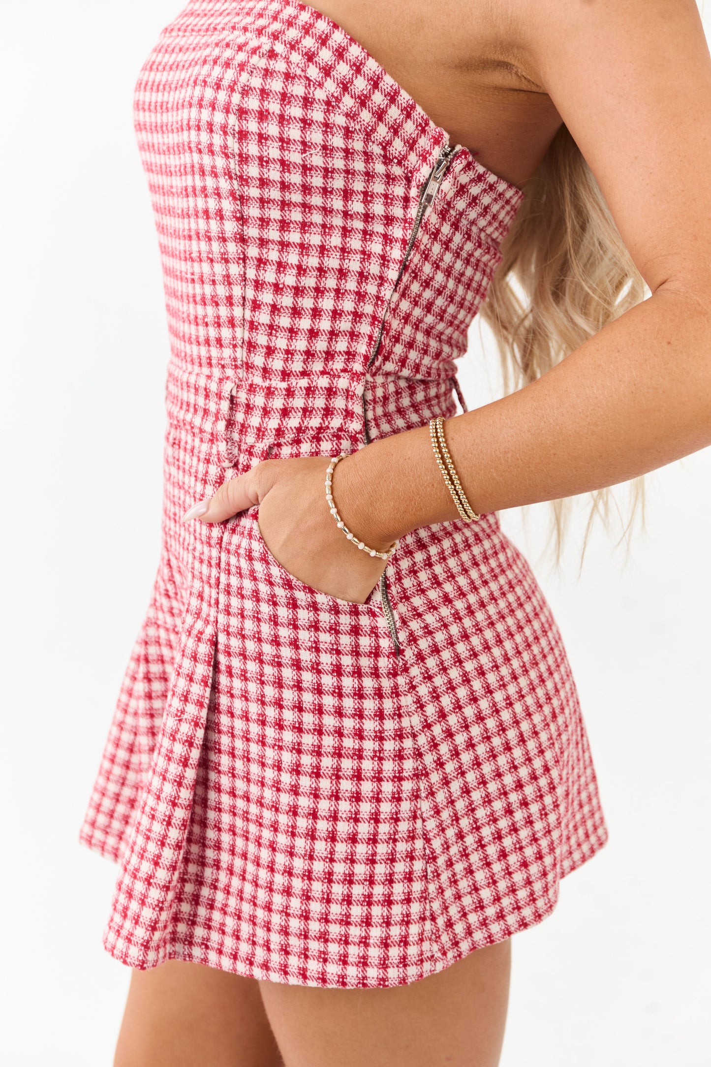 Cherry and Cream Plaid Strapless Romper