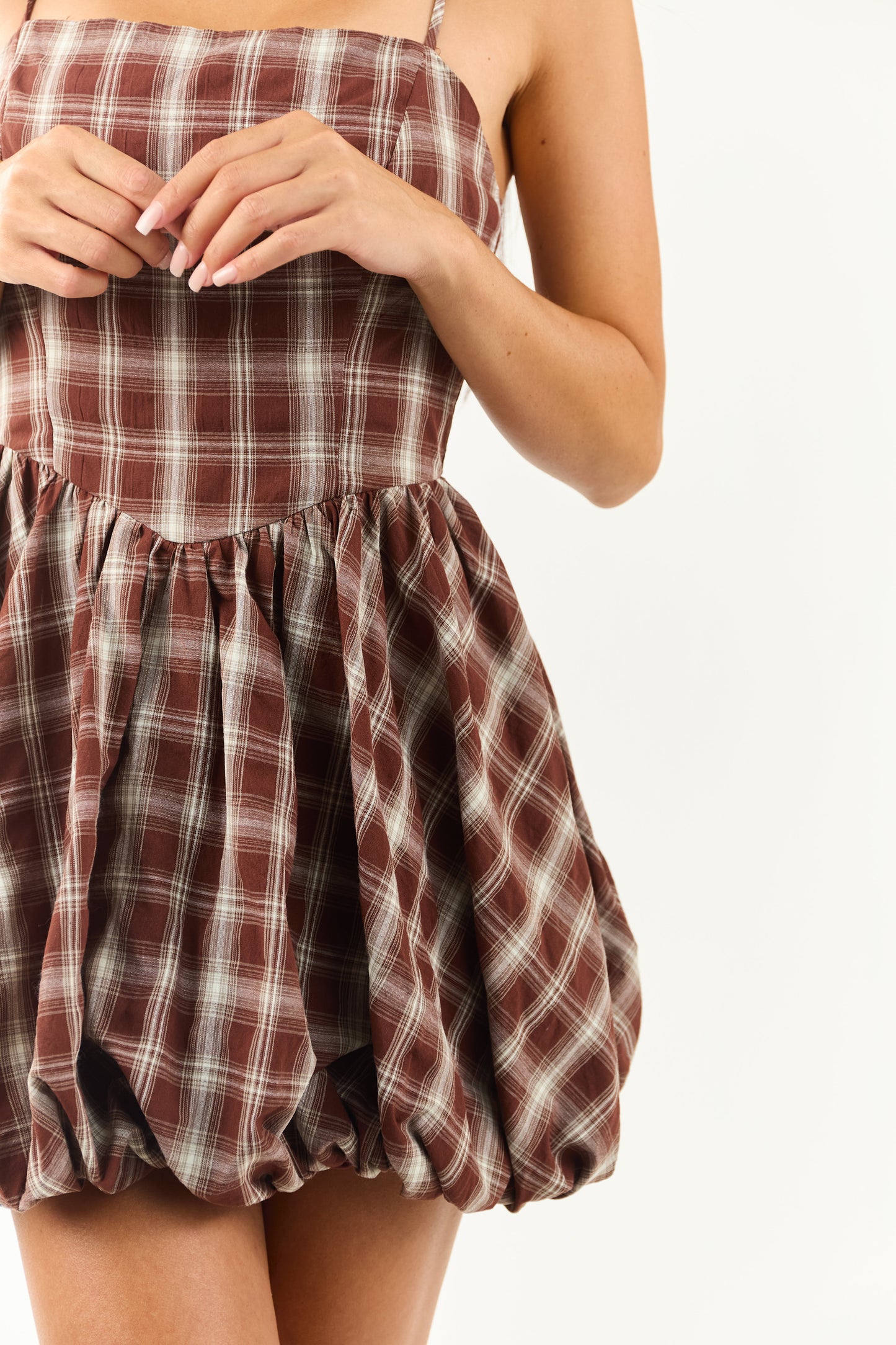 Chocolate Plaid Bubble Hem Cotton Mini Dress