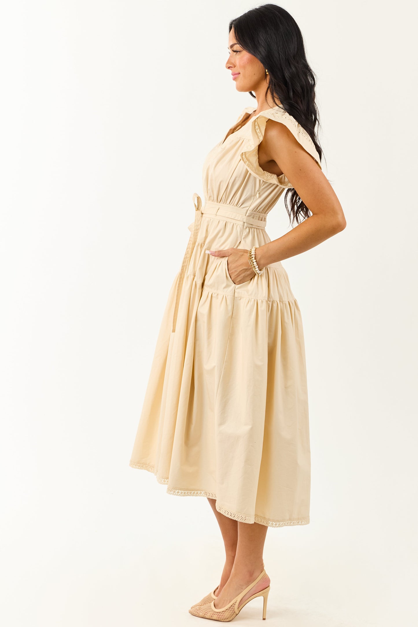Desert Sand Lace Trim Ruffle Sleeve Cotton Midi Dress