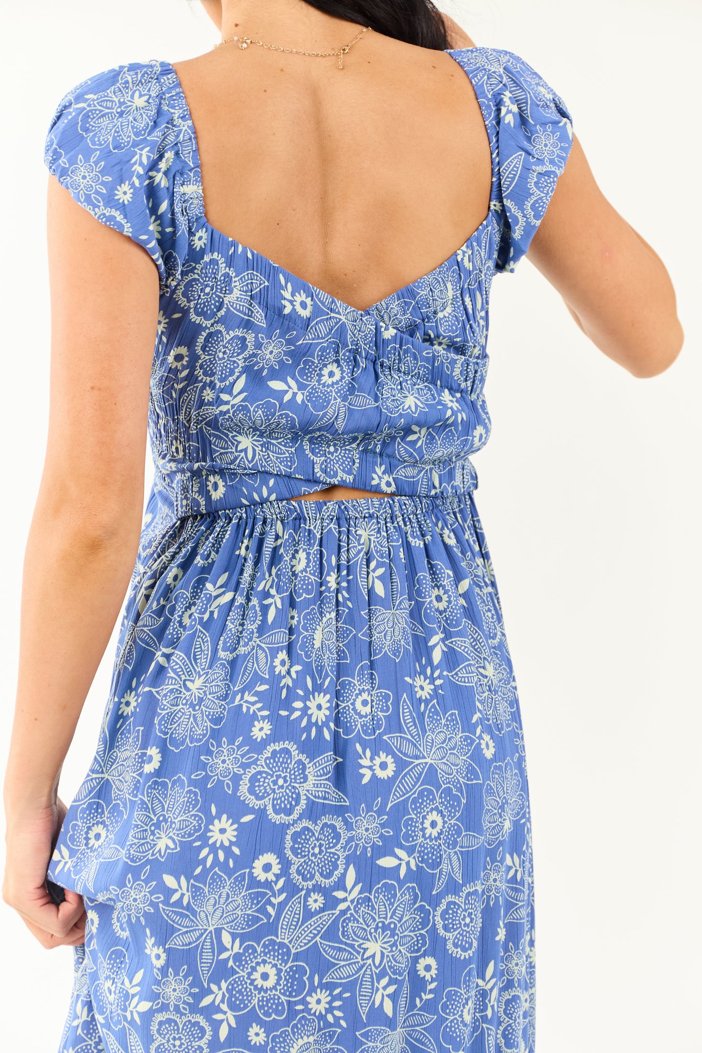 Dusty Blue Smocked Bust Floral Cap Sleeve Midi Dress