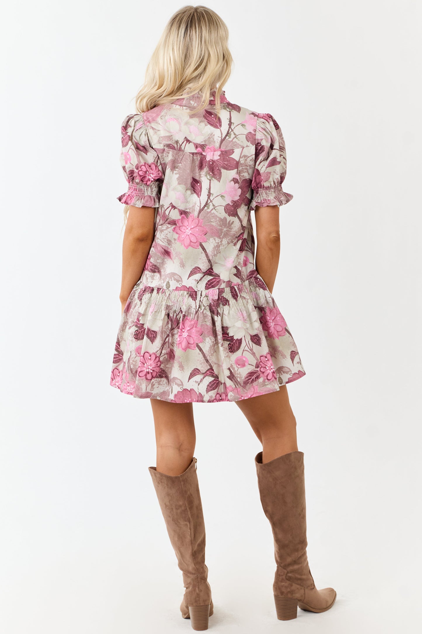 Entro Ivory Floral Smocked Detail Cotton Mini Dress