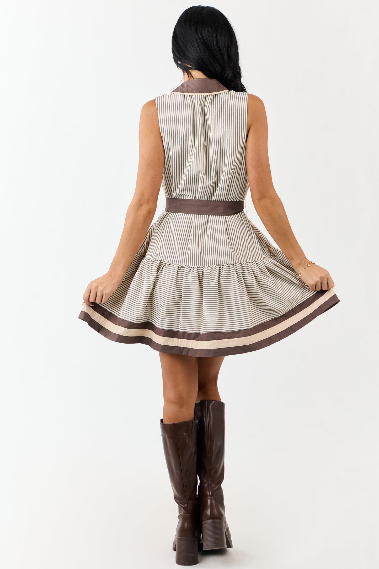 Entro Ivory Striped Button Down Waist Tie Mini Dress