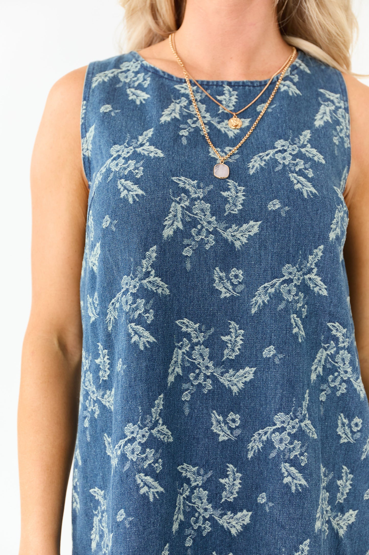 Medium Antique Wash Denim Floral Jacquard Mini Dress