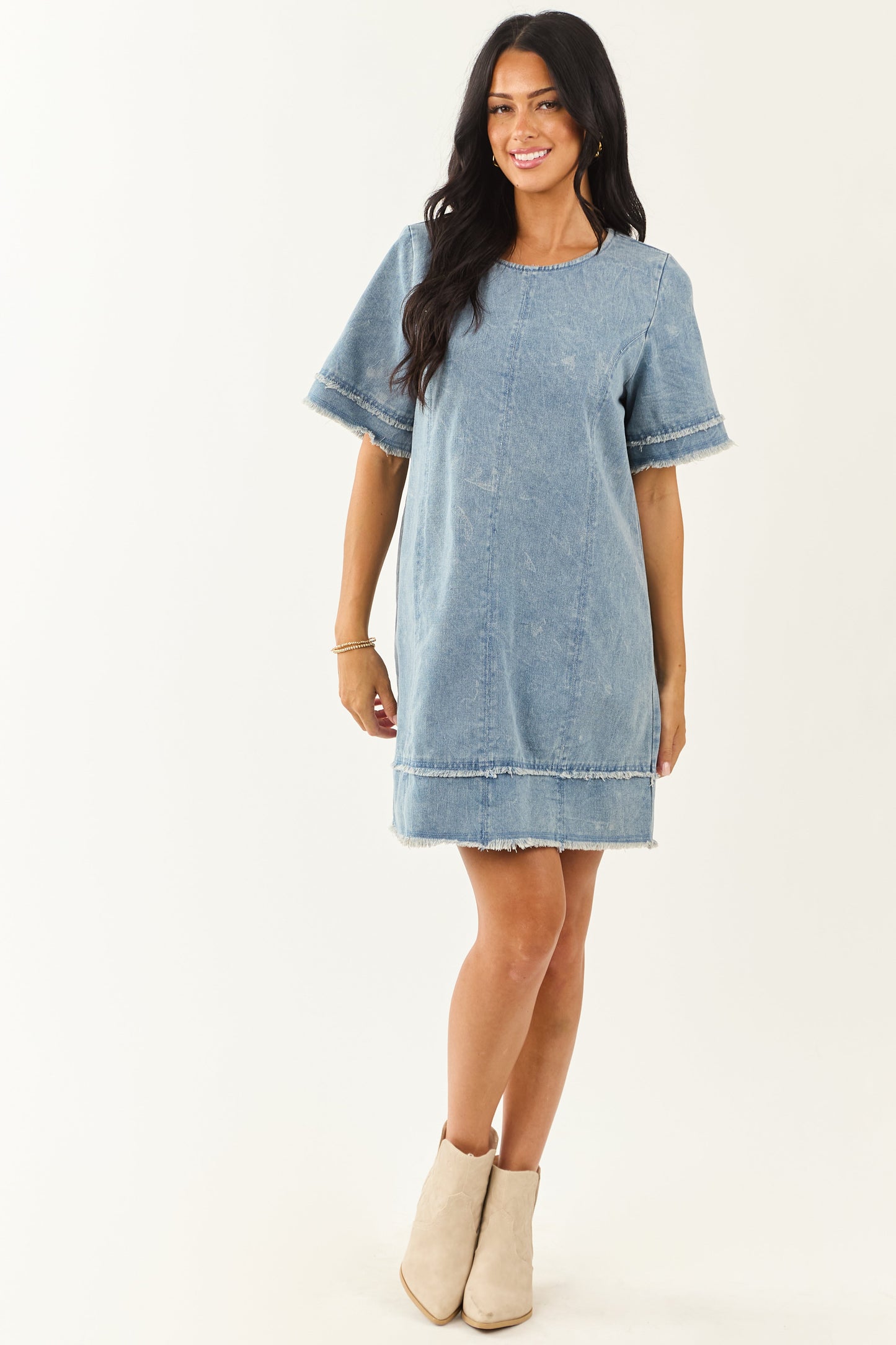 Medium Vintage Wash Denim Frayed Trim Mini Shift Dress