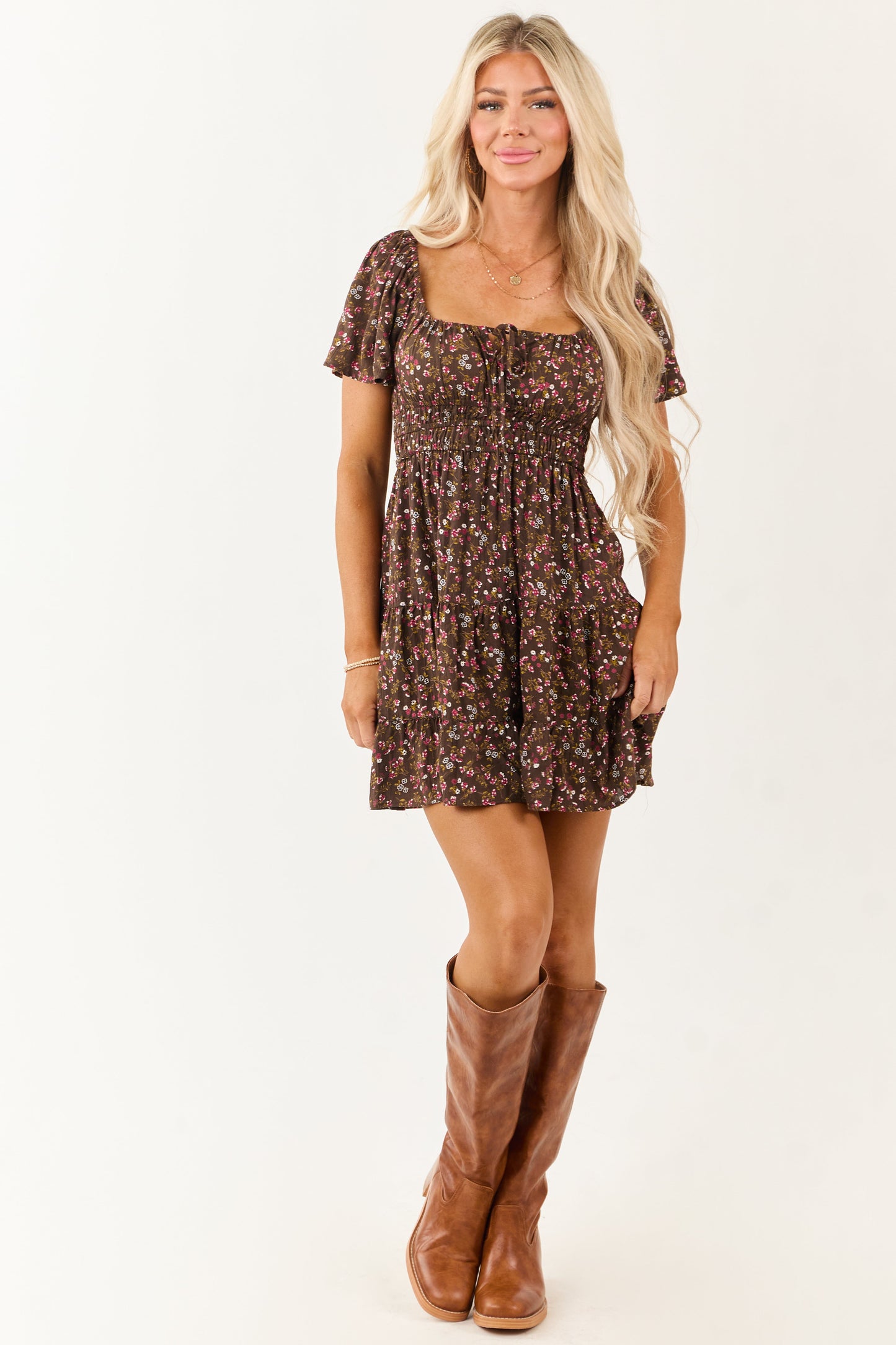 Walnut Floral Print Short Sleeve Mini Dress