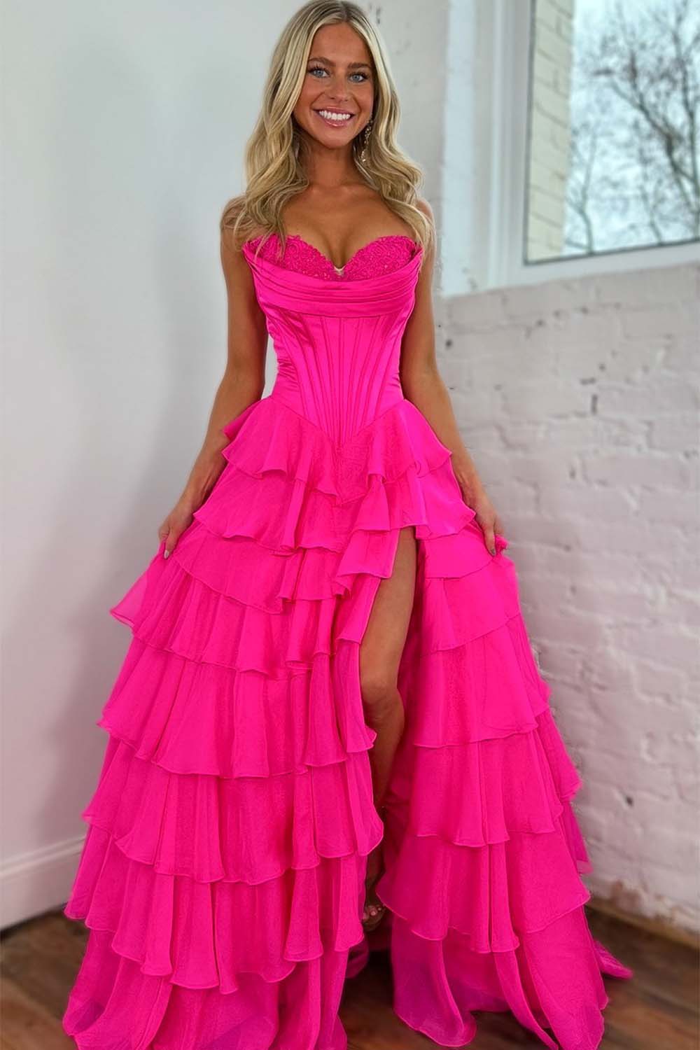 Strapless Satin Corset Prom Dress with Chiffon Ruffle Skirt
