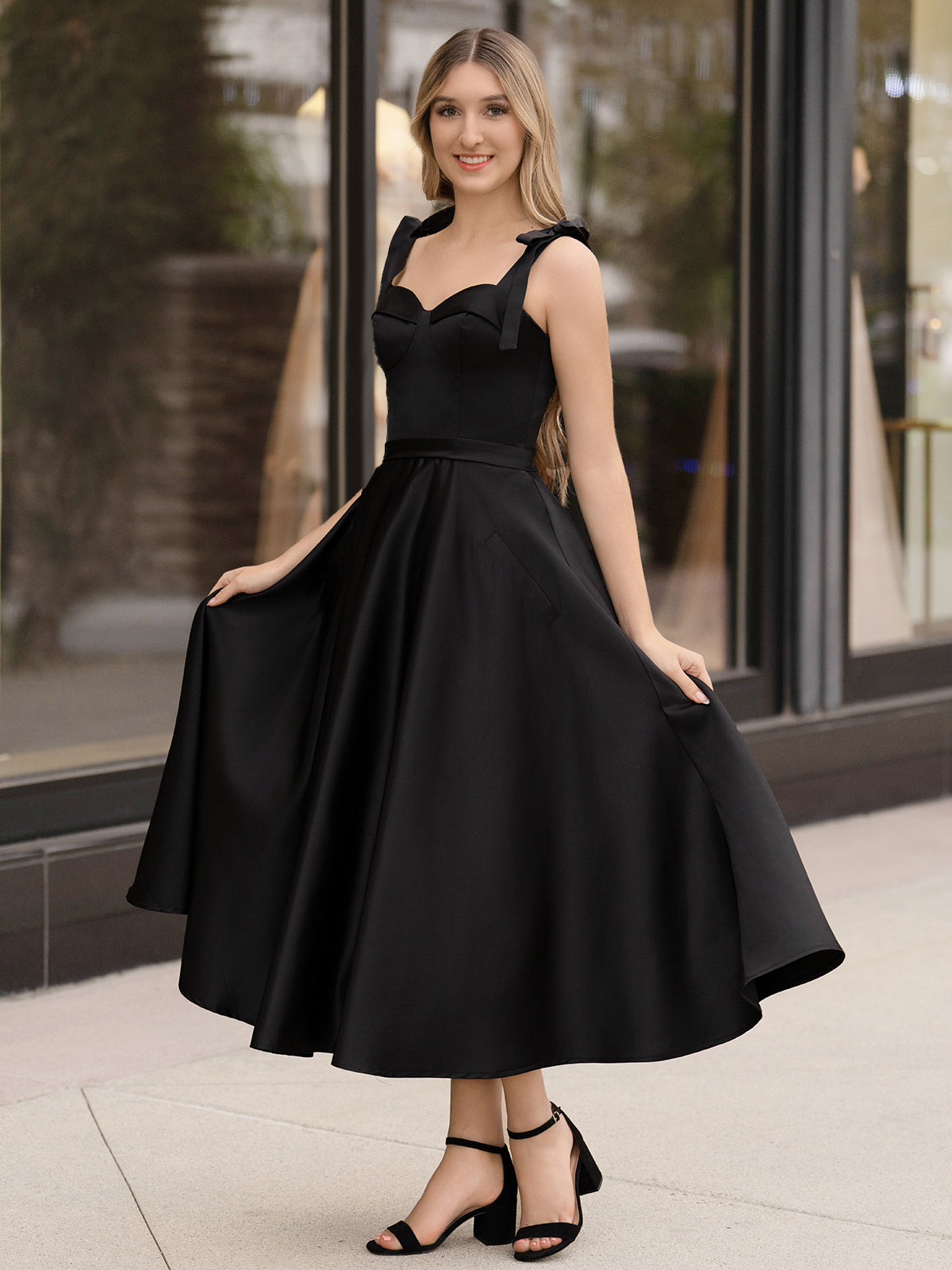 Black A line Sweetheart Satin Tea Length Homecoming Dress