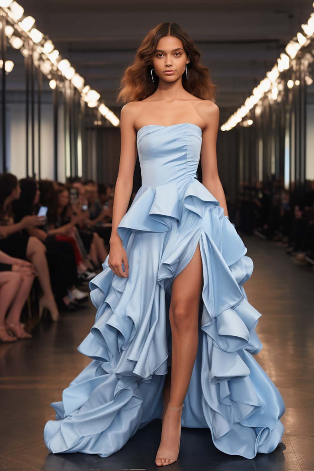 Blue Strapless Ruffle Prom Gown with Slit