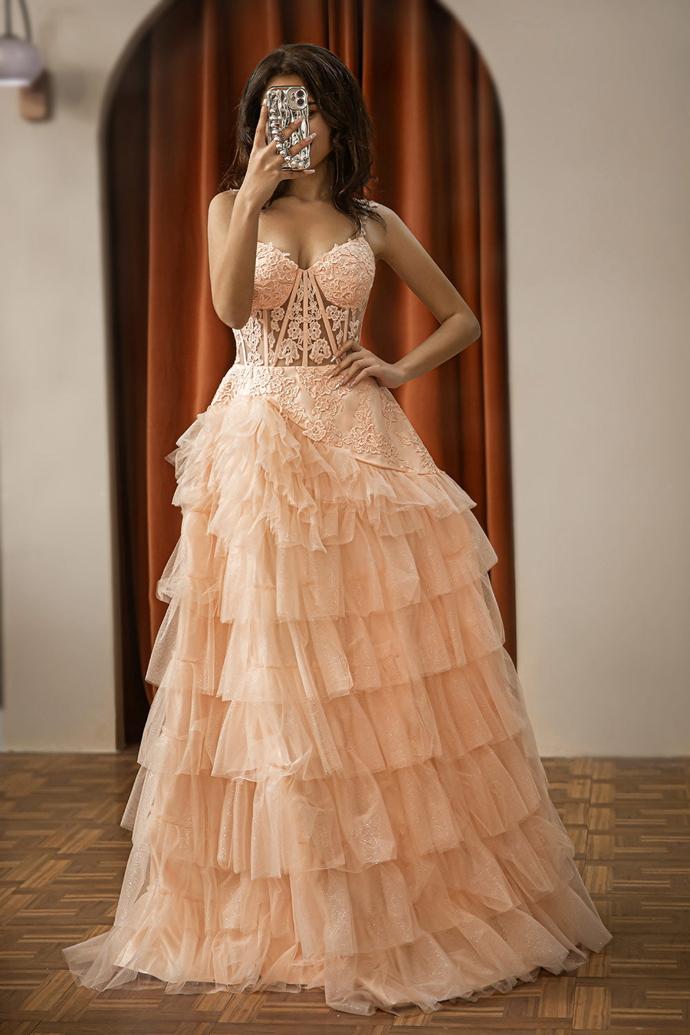 Tiered Corset Prom Dress with Appliques
