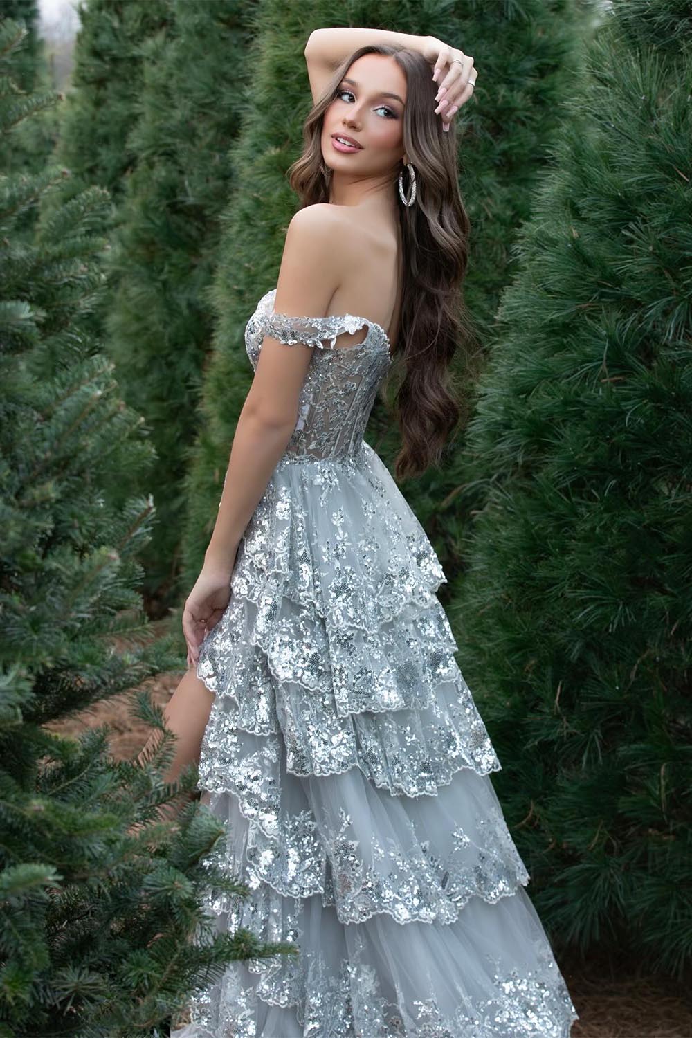 Off the Shoulder Ruffle Tiered Prom Dress
