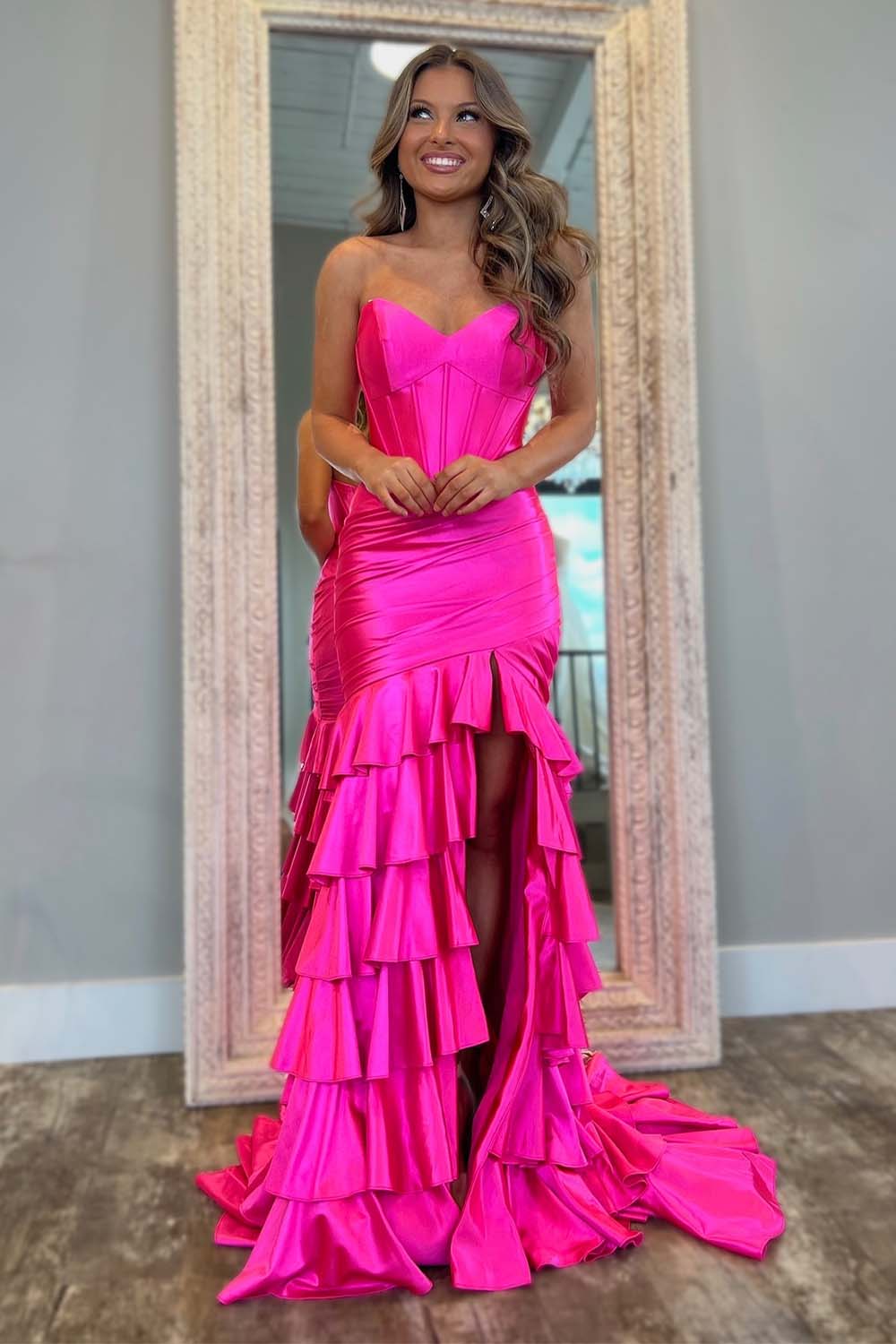 Sheath Strapless Satin Prom Dress with Ruffle Hem