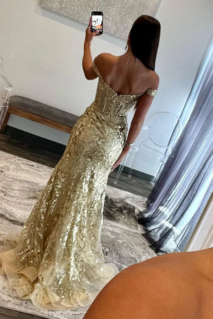 Gold Off-Shoulder Sequined Floral Mermaid Long Prom Dress with Slit