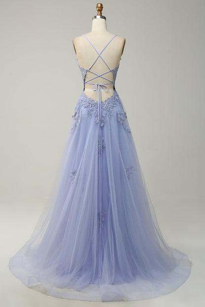Plunging V Neck Appliques Lace-Up A-line Long Prom Dress