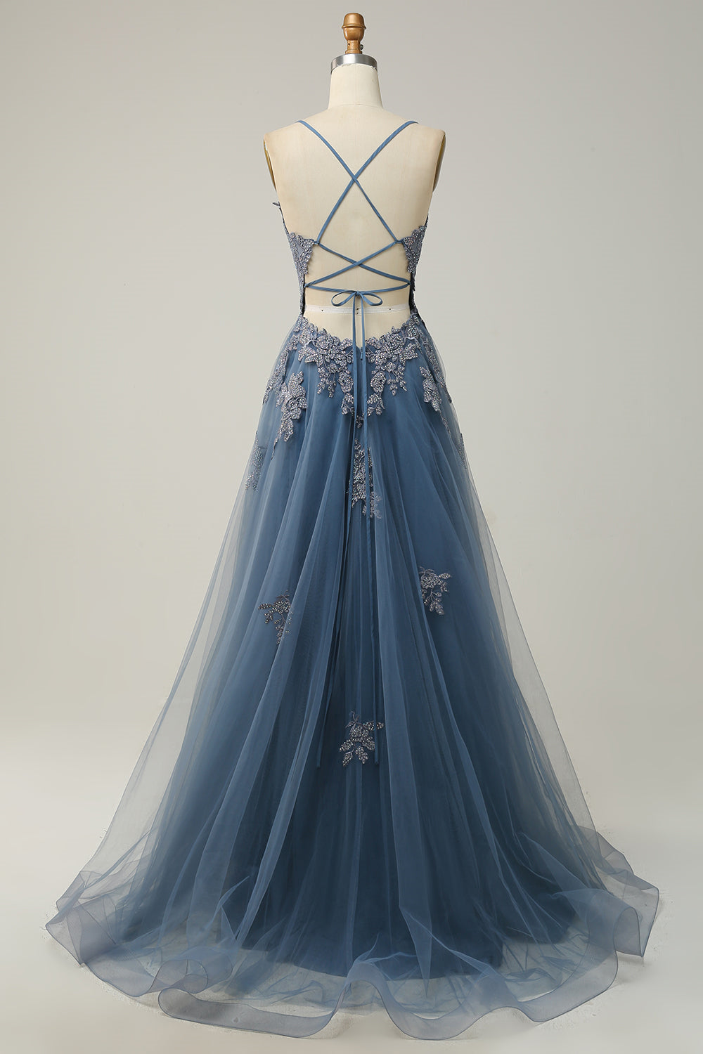 Plunging V Neck Appliques Lace-Up A-line Long Prom Dress