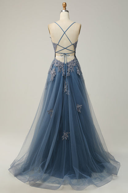 Plunging V Neck Appliques Lace-Up A-line Long Prom Dress