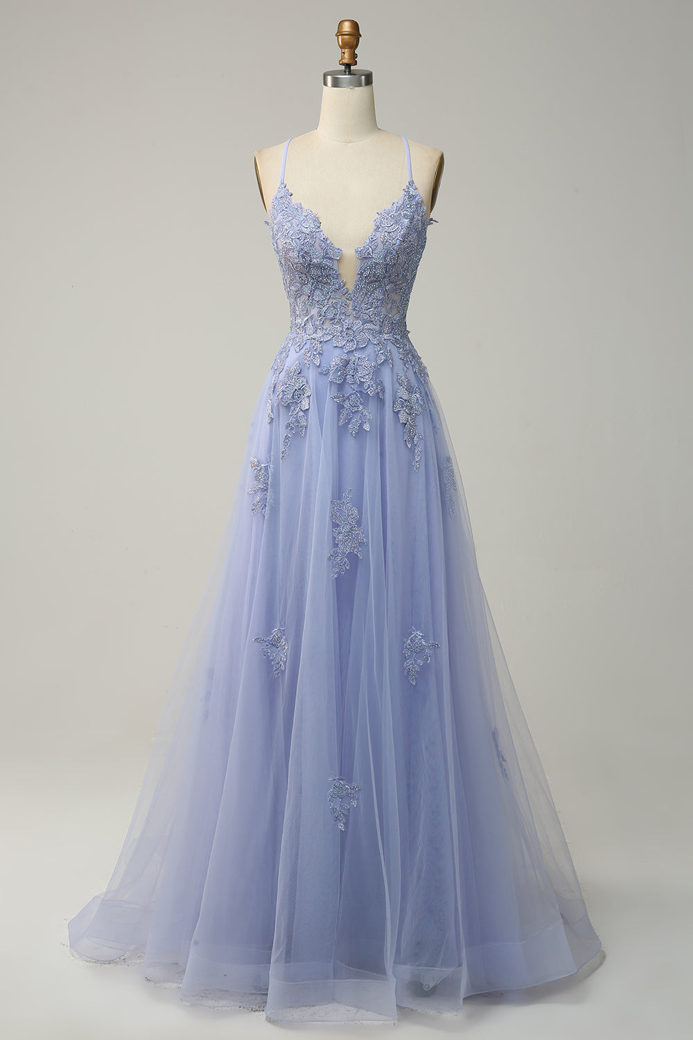 Plunging V Neck Appliques Lace-Up A-line Long Prom Dress