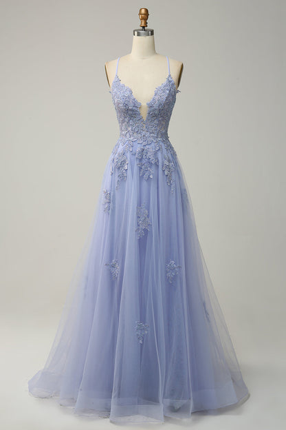 Plunging V Neck Appliques Lace-Up A-line Long Prom Dress