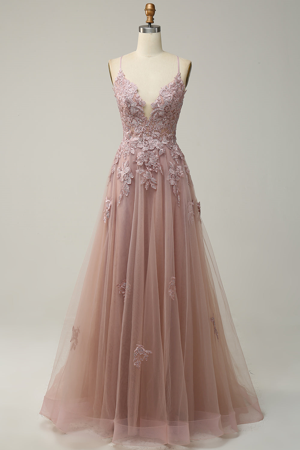 Plunging V Neck Appliques Lace-Up A-line Long Prom Dress