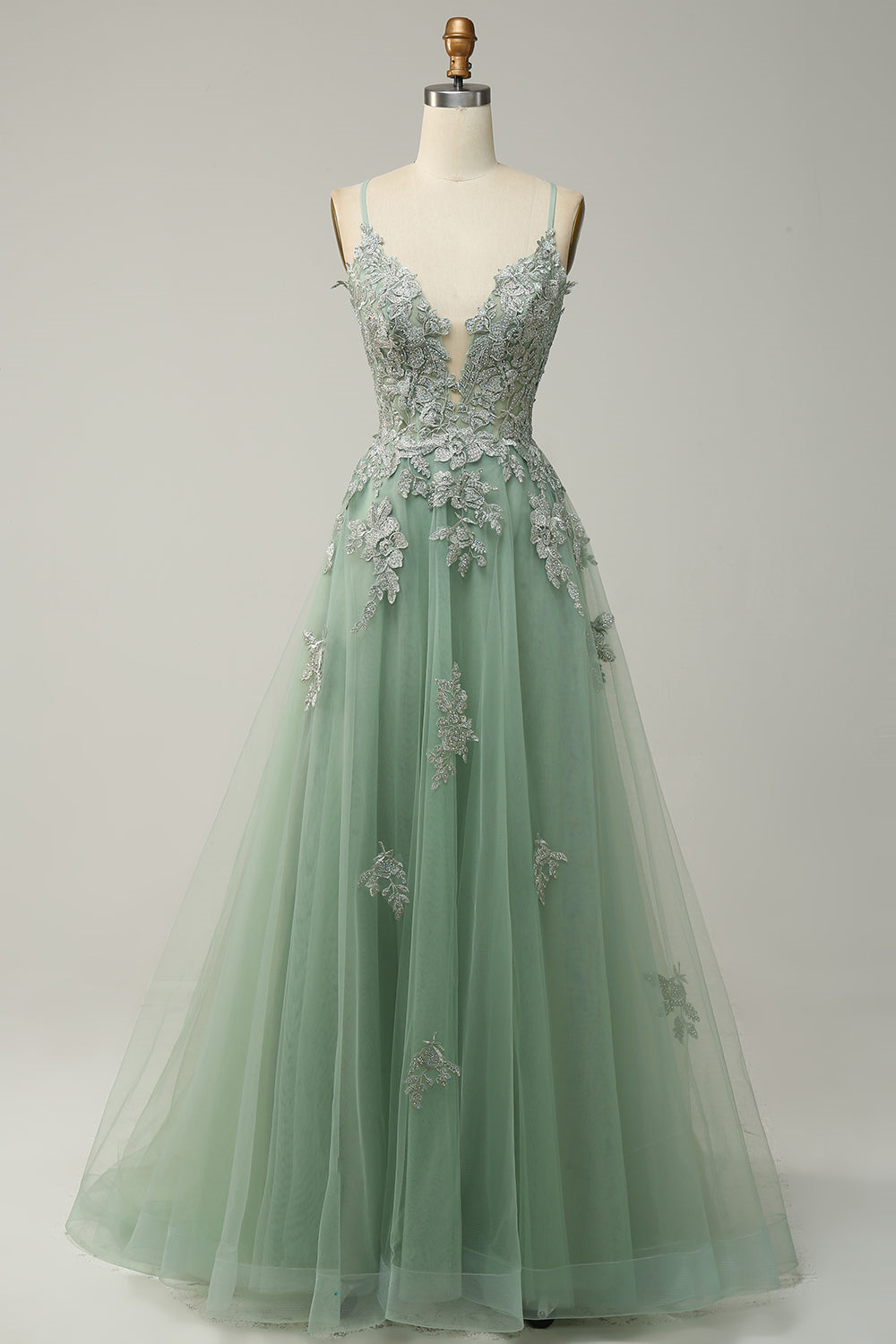 Plunging V Neck Appliques Lace-Up A-line Long Prom Dress