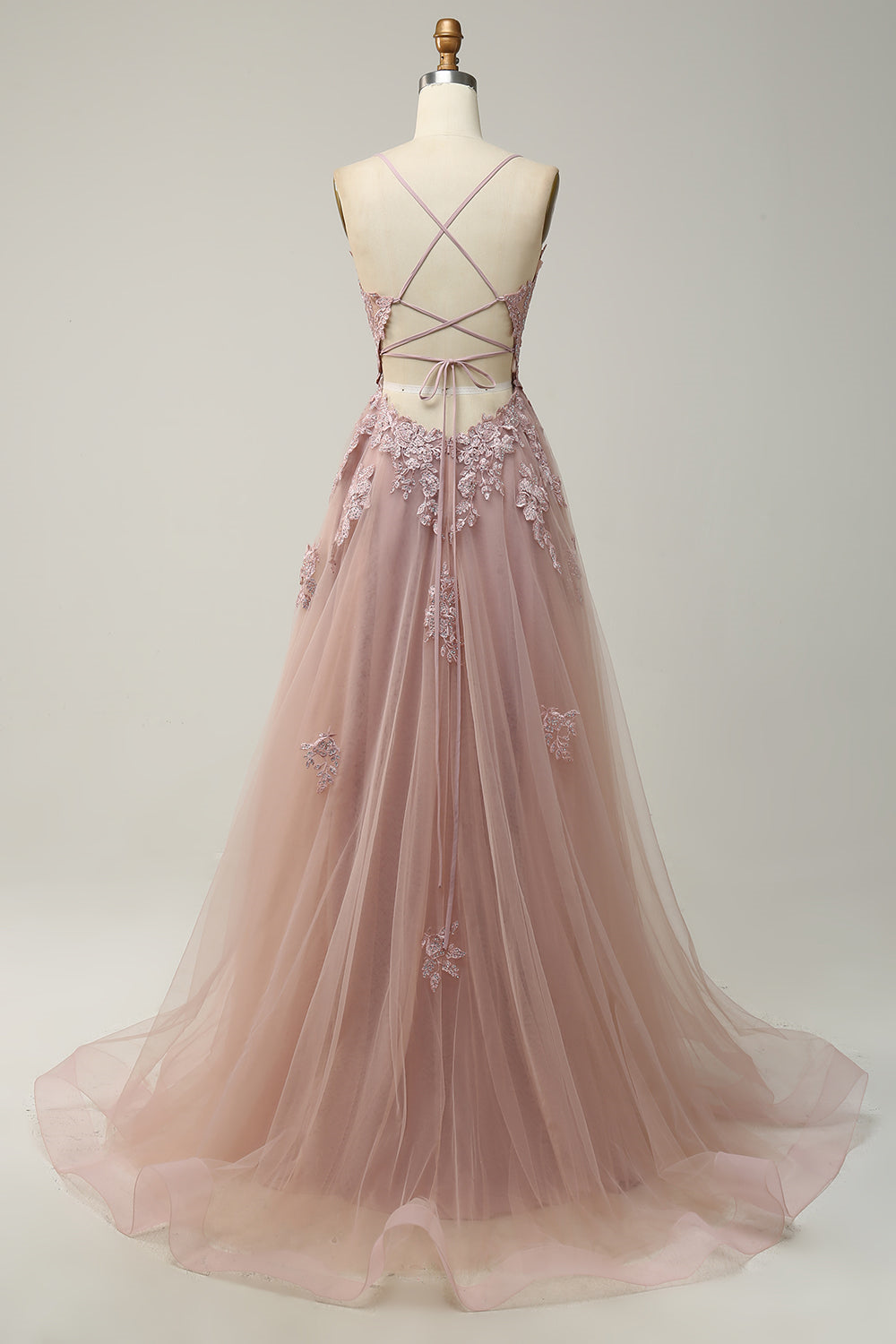 Plunging V Neck Appliques Lace-Up A-line Long Prom Dress