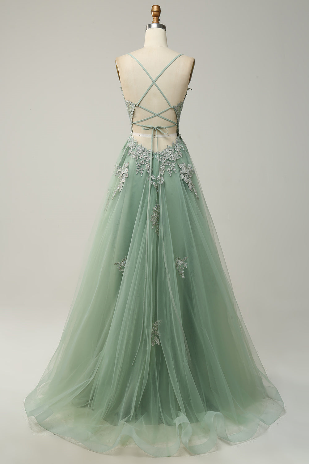 Plunging V Neck Appliques Lace-Up A-line Long Prom Dress