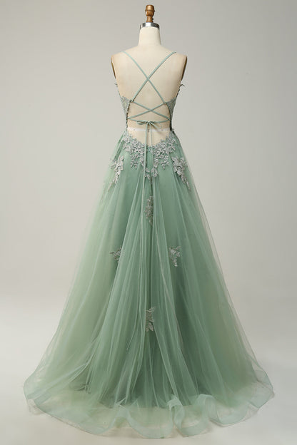 Plunging V Neck Appliques Lace-Up A-line Long Prom Dress