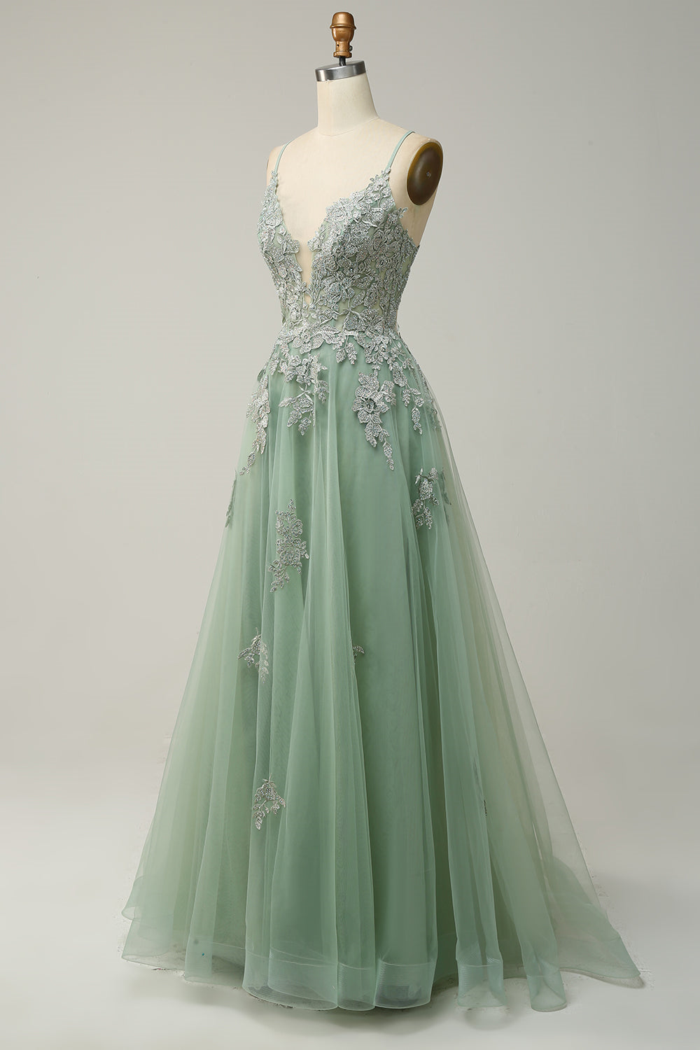 Plunging V Neck Appliques Lace-Up A-line Long Prom Dress
